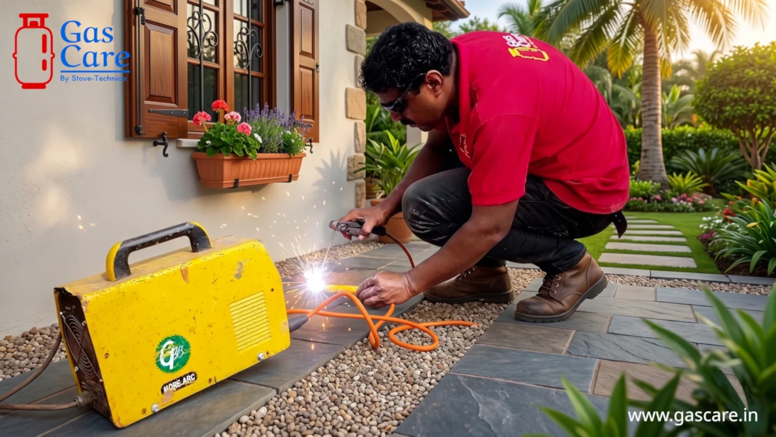 A Gas Care welder, wearing a red polo shirt, Gas Care uniform, and sunglasses, crouches while welding a gas pipe in a neatly maintained garden adjacent to the house. The yellow ORE ARC welding machine is in the foreground. The background shows an exquisite mansion, window box flowers, and palm trees. Golden hour. The Gas Care by Stove Technica logo is also visible in the upper left corner, as is the website www.gascare.In the lower right corner, branding is present.