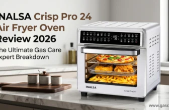 A comprehensive, photo-realistic image of the stainless steel INALSA Crisp Pro 24 24 Litre 1700W appliance. The oven sits on a modern kitchen counter with minimal, unbranded accessories, and its interior is illuminated, clearly cooking multiple racks of food: a top-rack pizza, a middle-rack of fried chicken, and a bottom-rack tray of french fries, with the control panel digital display reading "200C 30 MIN." The wording on the image reads "INALSA Crisp Pro 24 Air Fryer Oven Review 2026: The Ultimate Gas Care Expert Breakdown" with the www.gascare.in branding in the bottom right corner.