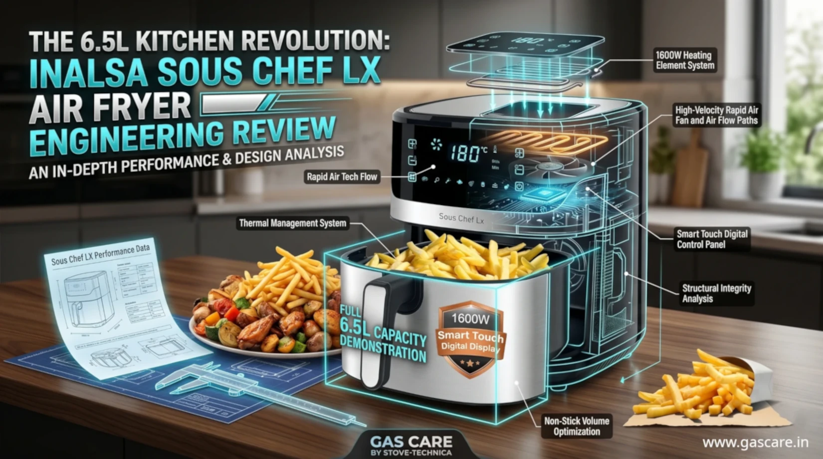 Featured blog banner for the Inalsa Sous Chef LX 6.5L Air Fryer engineering review by Gas Care. The image displays the 1600W silver and black air fryer with an open basket of fries on a wooden kitchen counter. A conceptual glowing blue schematic overlay highlights internal components like the heating element, rapid air fan, and thermal management system. Surrounded by cooked snacks, engineering blueprints, and a caliper tool to emphasize the technical analysis. Gas Care branding and www.gascare.in on the bottom of the image.