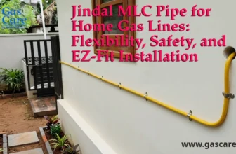 The blog banner image shows a horizontal Jindal MLC gas pipeline on a residential wall, as residential gas pipeline installation. The headline text reads: JJindal MLC Pipe for Home Gas Lines: Flexibility, Safety, and EZ-Fit Installation, with the gas care logo in the upper left corner and www.gascare.in branding on the lower right corner.