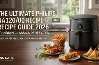 Featured blog banner displaying the black Philips NA120/00 air fryer alongside appetizing plated Indian classics including tandoori chicken, masala fries, paneer tikka, and samosas in an enticing kitchen setting. Promoting healthy cooking with Rapid Air technology and minimal oil for 'The Ultimate Philips NA120/00 Recipe Guide 2026'. Gas care by Stove Technica and www.gascare.in branding is also visible in the bottom of the image.
