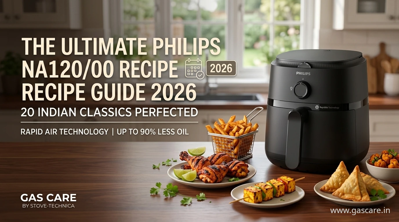 Featured blog banner displaying the black Philips NA120/00 air fryer alongside appetizing plated Indian classics including tandoori chicken, masala fries, paneer tikka, and samosas in an enticing kitchen setting. Promoting healthy cooking with Rapid Air technology and minimal oil for 'The Ultimate Philips NA120/00 Recipe Guide 2026'. Gas care by Stove Technica and www.gascare.in branding is also visible in the bottom of the image.