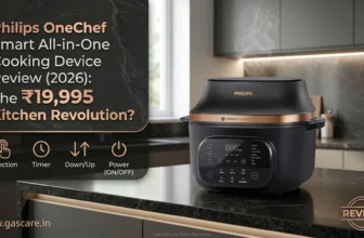 A sophisticated blog featured banner showcasing the Philips OneChef Smart All-in-One Cooking Device (NX5300) with AmbiHeat Technology active on a dark polished granite kitchen counter. A stylized text overlay features the verbatim blog post title: 'Philips OneChef Smart All-in-One Cooking Device Review (2026): The ₹19,995 Kitchen Revolution?'. Large, bold typography emphasizes the 2026 review year and the critical ₹19,995 price point. Sub-icons with labels provide quick callouts for main features: Function, Timer, Down/Up control, and Power (ON/OFF), with gentle steam rising from the vents and a Gas Care by Stove-Technica www.gascare.in branding footer.