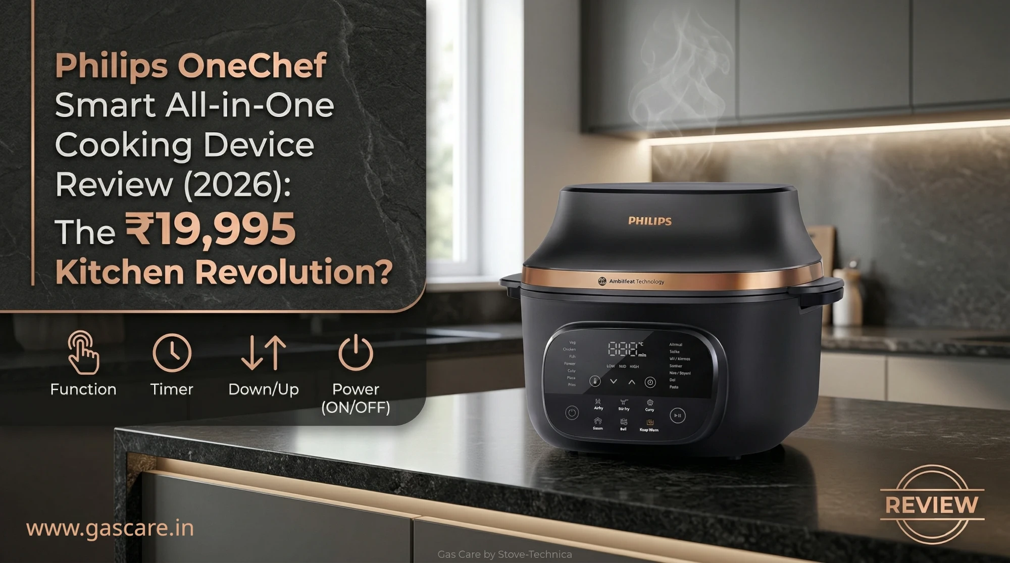 A sophisticated blog featured banner showcasing the Philips OneChef Smart All-in-One Cooking Device (NX5300) with AmbiHeat Technology active on a dark polished granite kitchen counter. A stylized text overlay features the verbatim blog post title: 'Philips OneChef Smart All-in-One Cooking Device Review (2026): The ₹19,995 Kitchen Revolution?'. Large, bold typography emphasizes the 2026 review year and the critical ₹19,995 price point. Sub-icons with labels provide quick callouts for main features: Function, Timer, Down/Up control, and Power (ON/OFF), with gentle steam rising from the vents and a Gas Care by Stove-Technica www.gascare.in branding footer.