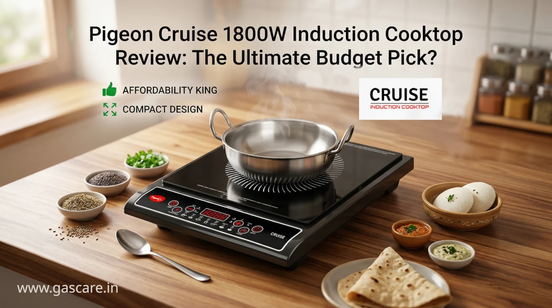 Review banner image for the Pigeon Cruise 1800W Induction Cooktop, titled "The Ultimate Budget Pick?". A stainless steel pot with steam sits on the detailed black cooktop on an acacia wood counter, surrounded by small bowls of spices, chopped cilantro, a folded chapati, and two idlis with chutney. Text callouts highlight pros with green thumbs-up: "AFFORDABILITY KING", "COMPACT DESIGN"; and a CRUICE induction cooktop logo, and text in the left bottom corner: www.gascare.in.