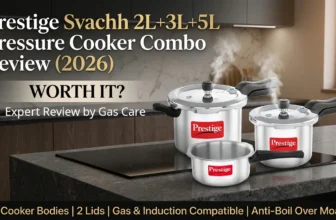 This is a magnificent featured banner image for a blog article that depicts the prestige pressure cooker combo 2L, 3L, 5L, and shared-lid cooker in a modern, contemporary kitchen environment with polished surfaces. The three pristine cooker bodies, with their prominent red Prestige logo, show clean steam plumes from the pressurized cookers, indicating operation without a messy boil-over simulation. The blog post title text and special feature callouts are placed into a sleek gold and white overlay at the bottom and a text: expert review by gas care.