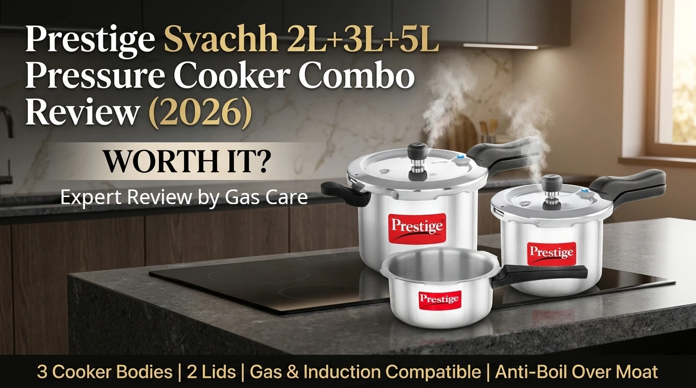 This is a magnificent featured banner image for a blog article that depicts the prestige pressure cooker combo 2L, 3L, 5L, and shared-lid cooker in a modern, contemporary kitchen environment with polished surfaces. The three pristine cooker bodies, with their prominent red Prestige logo, show clean steam plumes from the pressurized cookers, indicating operation without a messy boil-over simulation. The blog post title text and special feature callouts are placed into a sleek gold and white overlay at the bottom and a text: expert review by gas care.