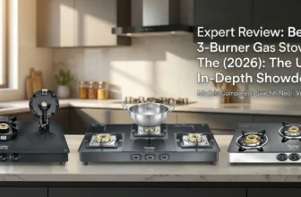 Featured banner image with three black Prestige 3-Burner glass top gas stoves placed on a counter in a modern kitchen, featured as a banner image for an article on the "Best Prestige 3-Burner Gas Stoves in India (2026): The Ultimate In-Depth Showdown," with www.gascare.in branding in the bottom left corner.