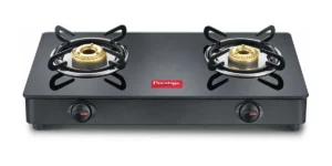 image of Prestige IRIS Toughened Glass-Top 2 Brass Burner LPG Gas Stove | Black