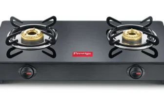 image of Prestige IRIS Toughened Glass-Top 2 Brass Burner LPG Gas Stove | Black
