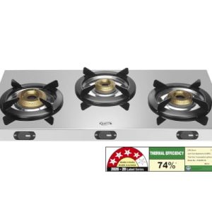 Jyoti Lean 3 Burner Stainless Steel Gas Stove | 4 Star BEE Rating | 74% Thermal Efficiency | Direct Flame Forged Brass Burners | Sturdy Pan Supports | Easy Clean Trays | ISI Certified