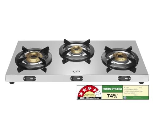 Jyoti Lean 3 Burner Stainless Steel Gas Stove | 4 Star BEE Rating | 74% Thermal Efficiency | Direct Flame Forged Brass Burners | Sturdy Pan Supports | Easy Clean Trays | ISI Certified